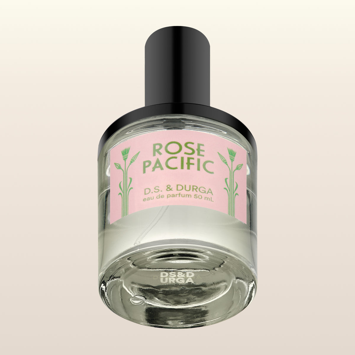 A sleek glass bottle of “Rose Pacific” eau de parfum by D.S. & DURGA, 50 mL, with a pink label and black cap.